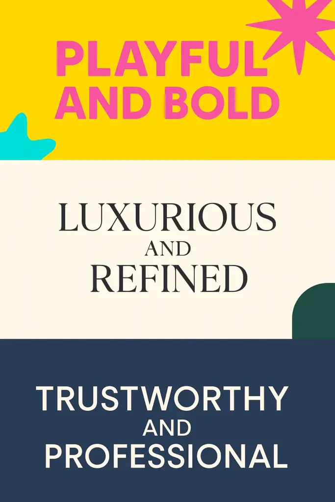 Image that explains the characteristics of the brand personality playful and bond, luxurious and refined, trustworthy and professional