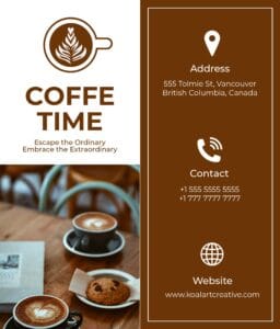 Cafe flyer featuring white and brown contrasting colors. Applying the principle of contrast design