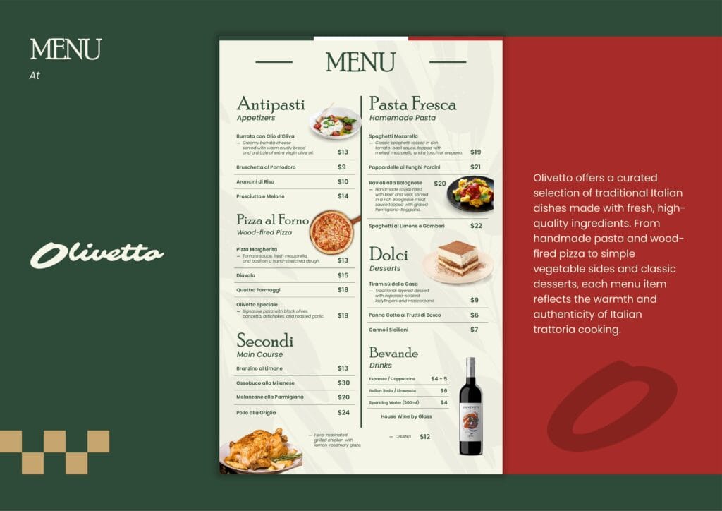Restaurant menu design created by Koalart Creative as part of the Olivetto Trattoria Italiana restaurant branding project.