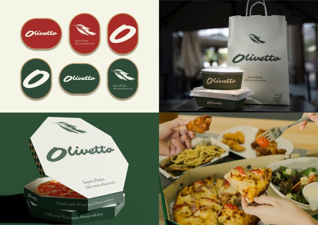 Restaurant packaging, takeaway boxes, and branded materials designed by Koalart Creative for Olivetto Trattoria Italiana.