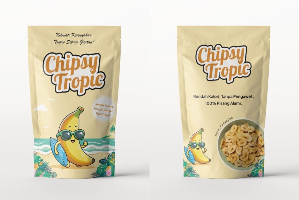 Packaging and stationery design for Chipsy Tropic by branding agency for small business
