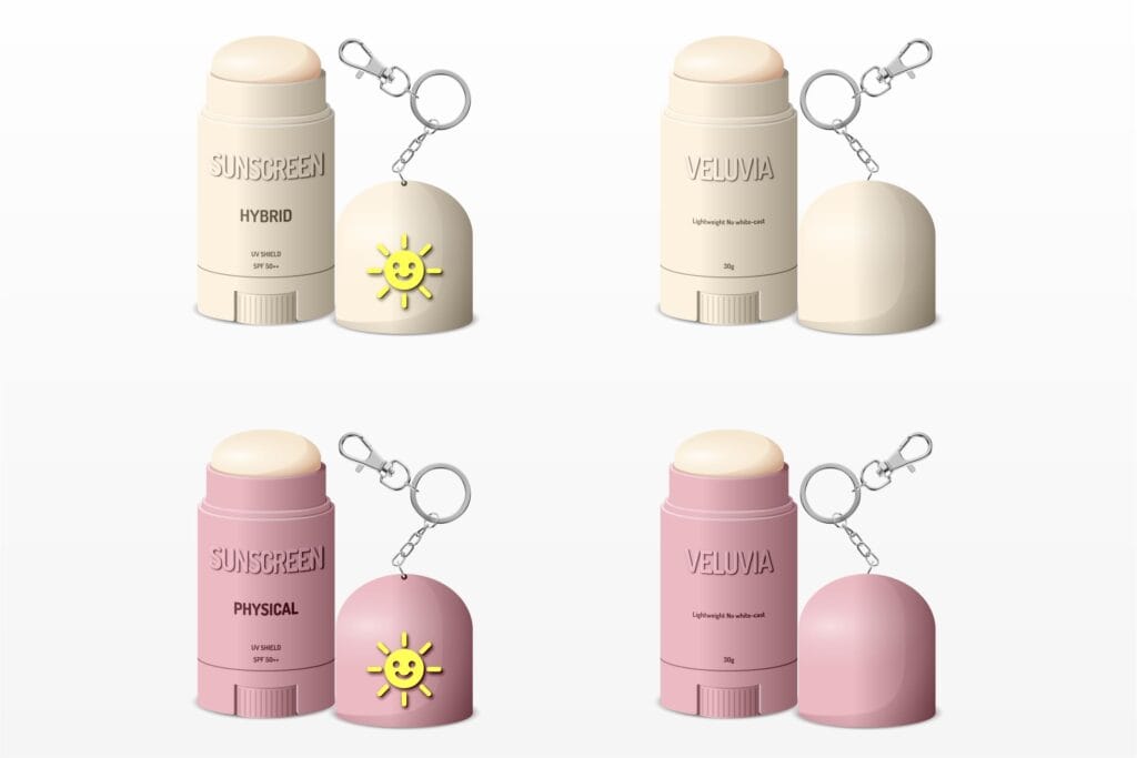 Packaging and stationery design for Veluvia sunscreen by branding agency for small business