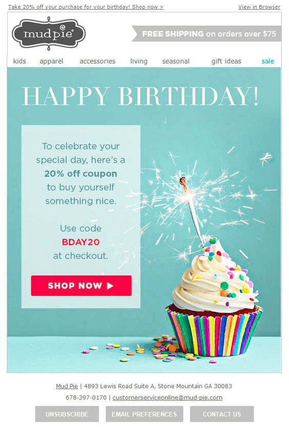 Example of a Happy Birthday email marketing design that small businesses can use to celebrate and engage their customers.