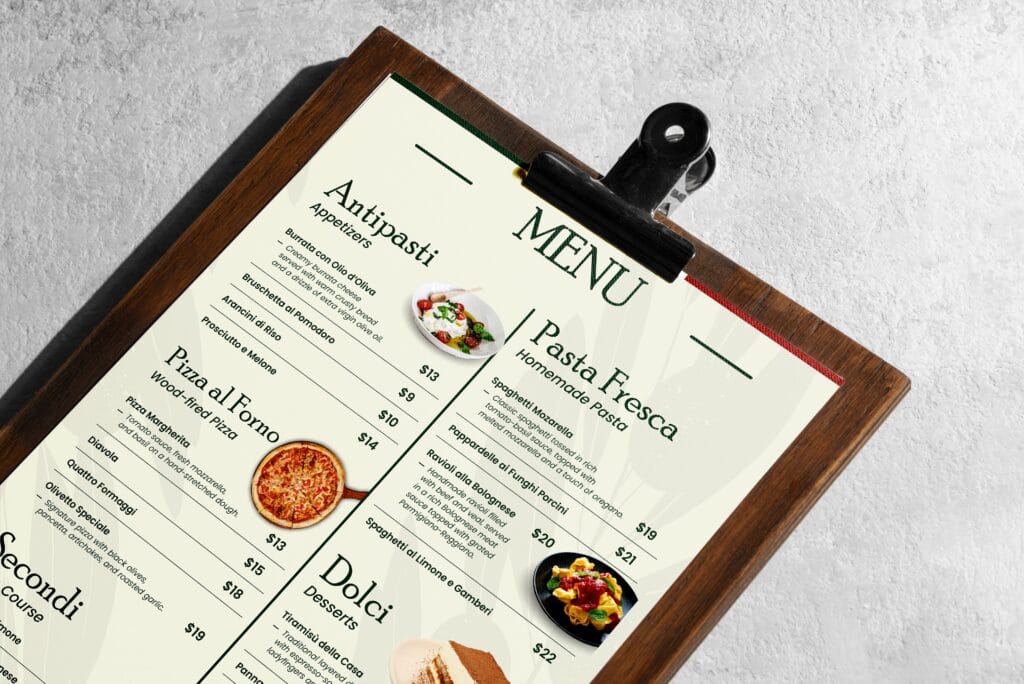 Italian-American restaurant menu banner design for Olivetto by Koalart Creative, a branding agency for small business
