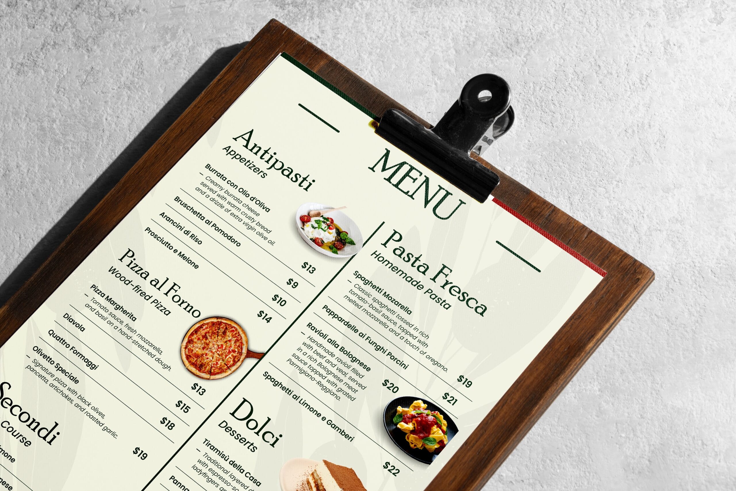 Italian-American restaurant menu banner design for Olivetto by Koalart Creative, a branding agency for small business