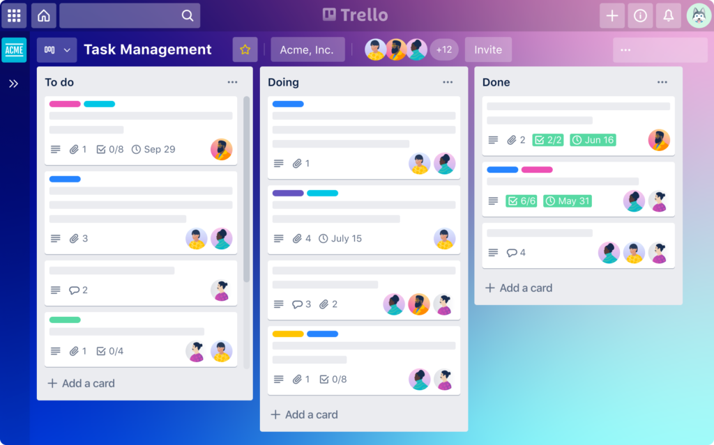 A structured and organized workflow of a branding agency for small business using Trello as a task management tool.