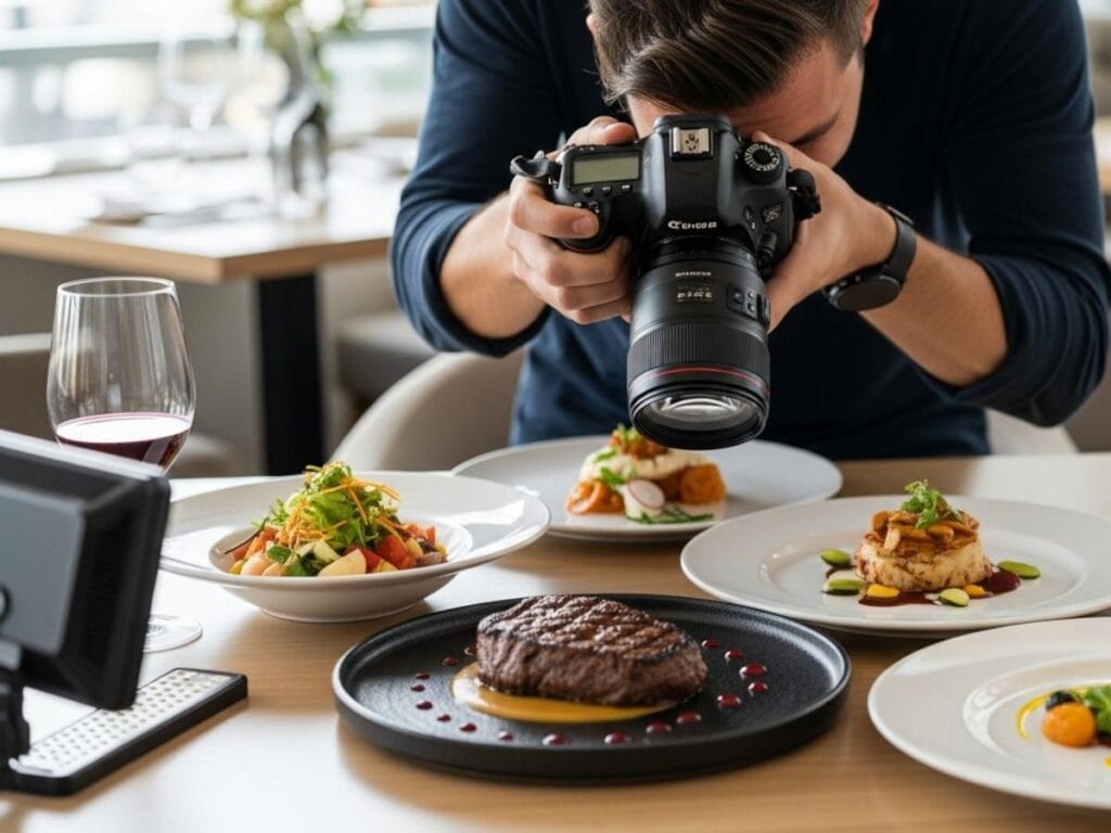 Professional photographer capturing high-quality food images for restaurant marketing strategies.