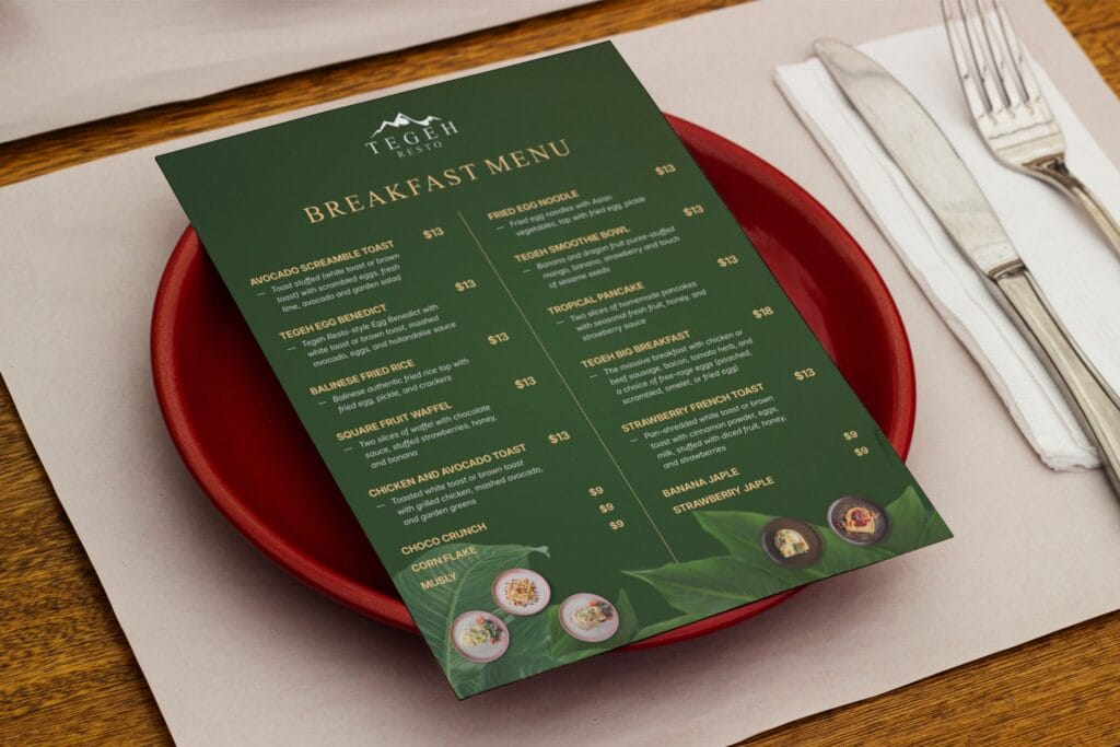 Elegant menu design for Tegeh restaurant in Bali