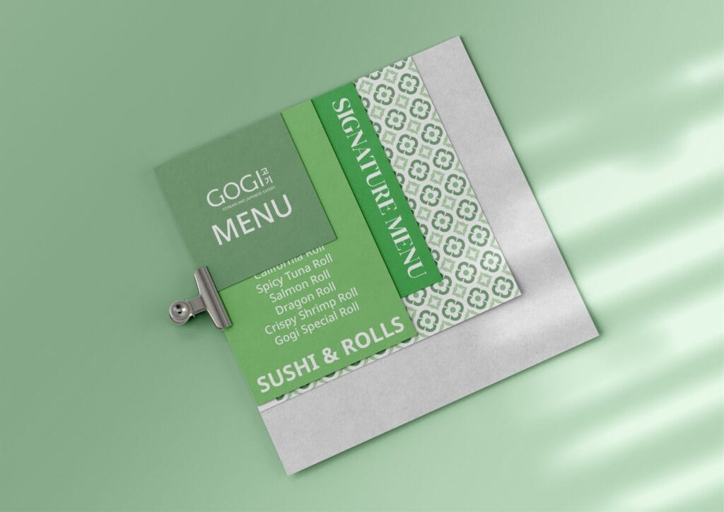 Modern Korean restaurant branding with clean logo design, visual identity, and minimal menu design.