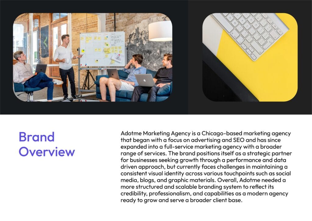 Modern marketing agency brand identity design with clean logo design, visual identity, and digital branding elements.