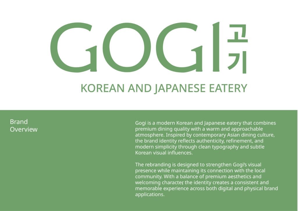 Modern Korean restaurant branding with clean logo design, visual identity, and minimal menu design.