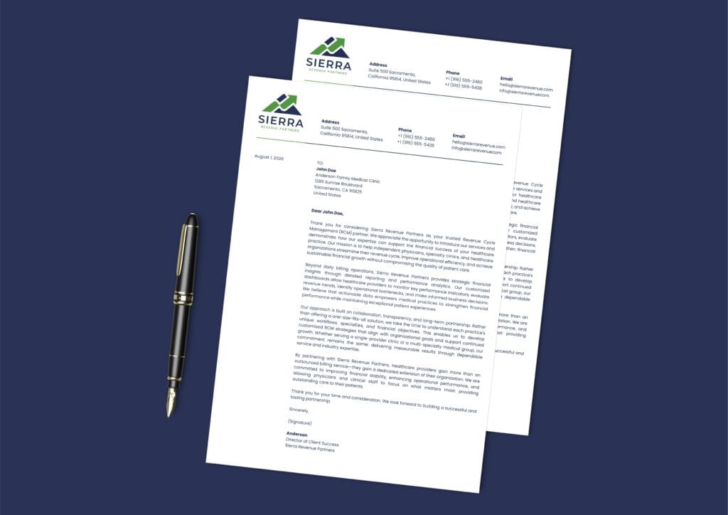 Sierra Revenue Partners healthcare RCM logo and brand identity with mountain and arrow design