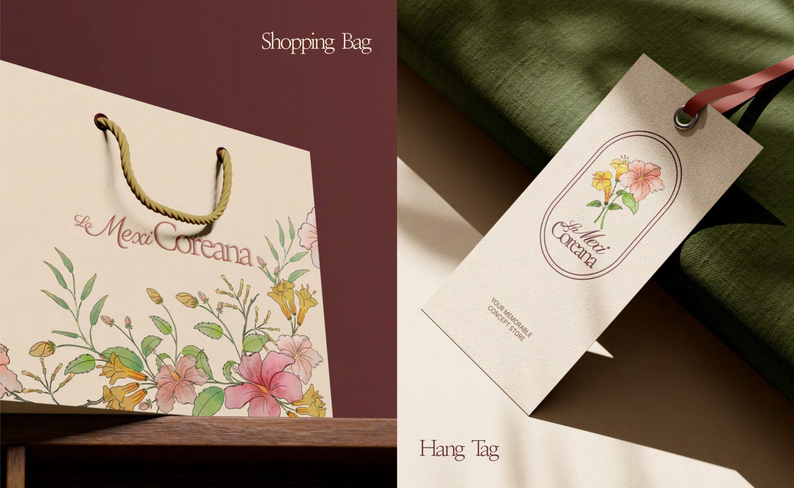 La MexiCoreana retail brand identity with floral logo and packaging design