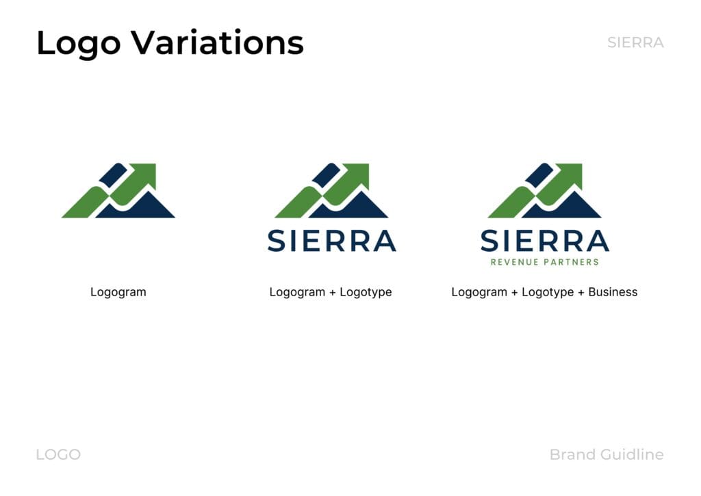 Sierra Revenue Partners healthcare RCM logo and brand identity with mountain and arrow design