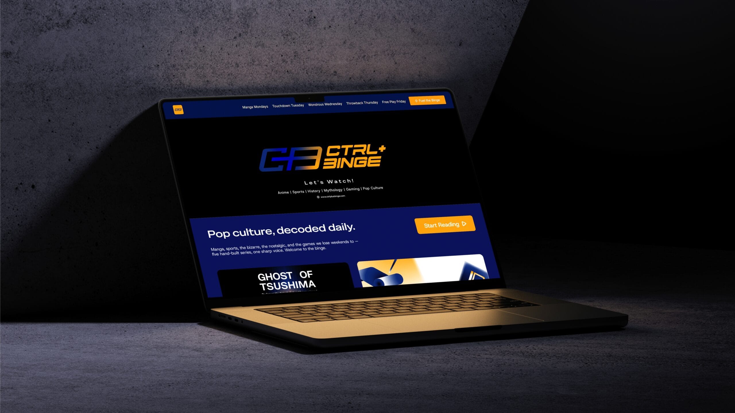 Ctrl+Binge entertainment brand identity with screen-inspired logo and bold typography.