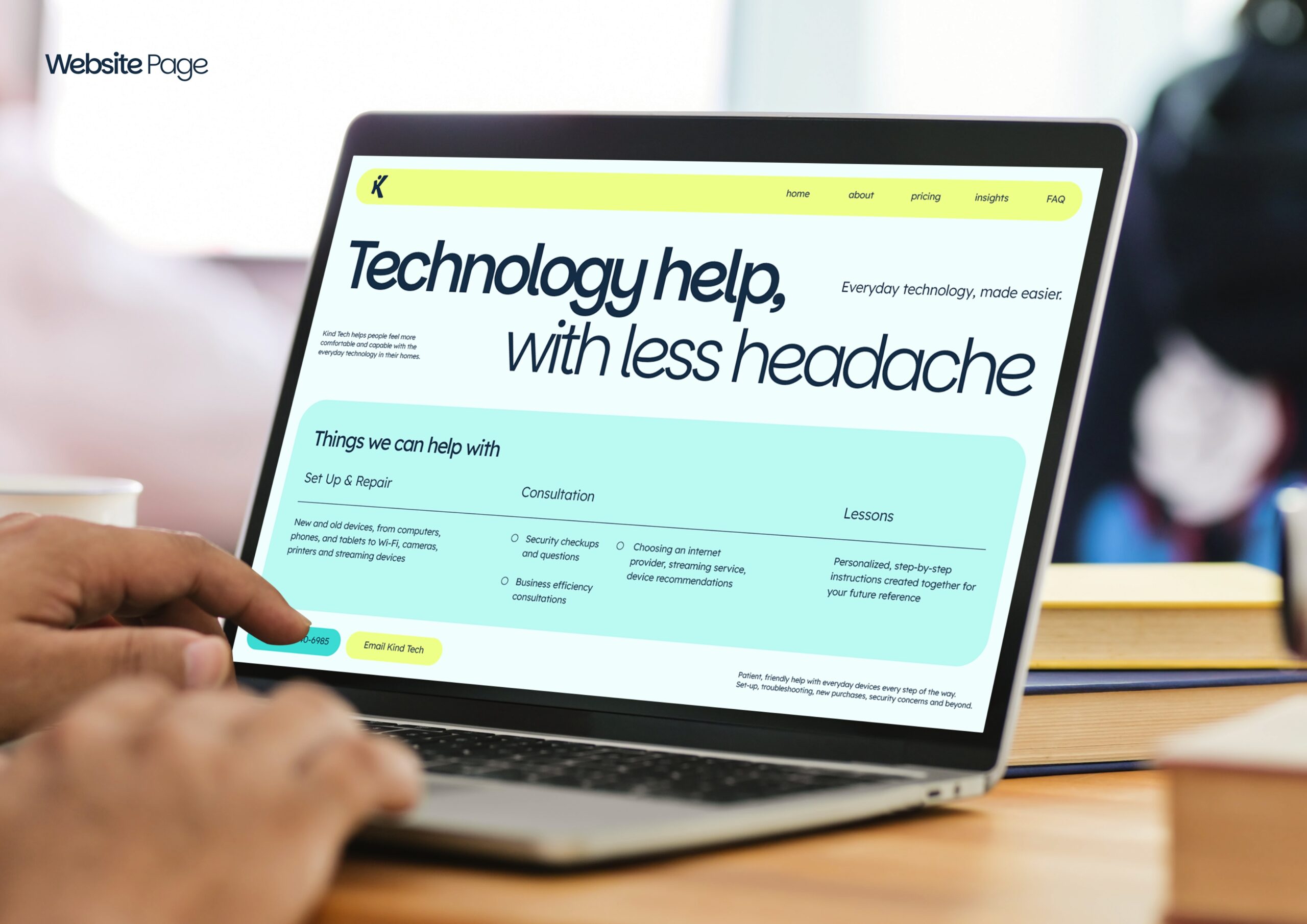 Kind Tech LA branding with a custom logo and marketing materials for senior technology support.