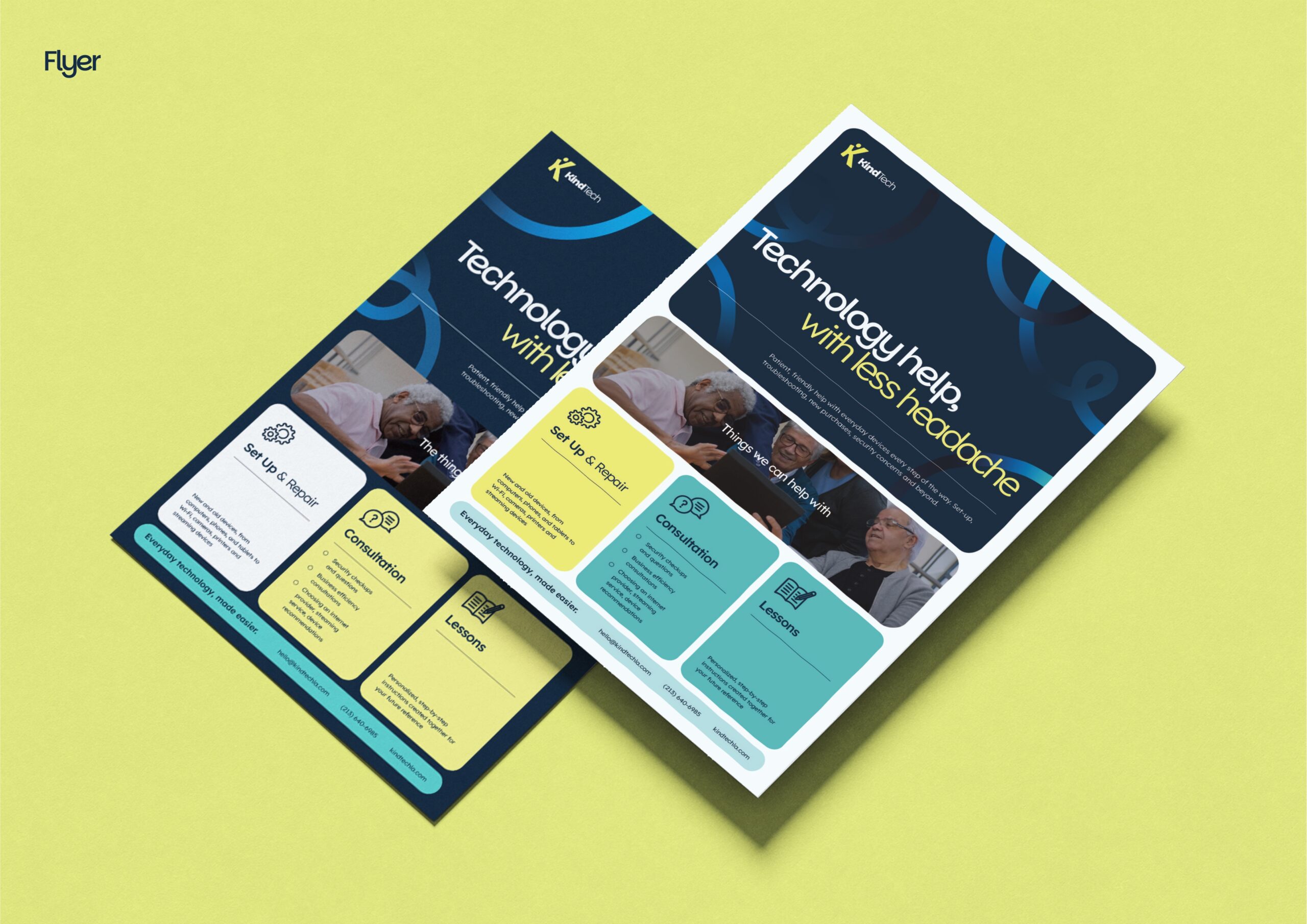 Kind Tech LA branding with a custom logo and marketing materials for senior technology support.